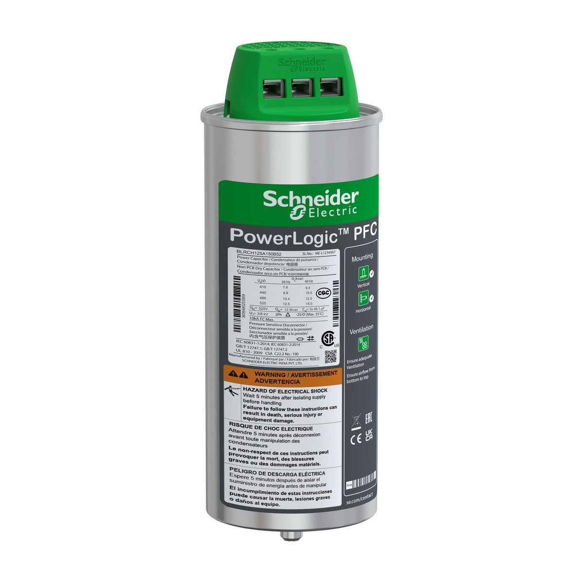 Schneider Electric BLRCH125A150B52 — Heavy Duty PFC Capacitor 12.5/15 kvar 525V 50/60Hz