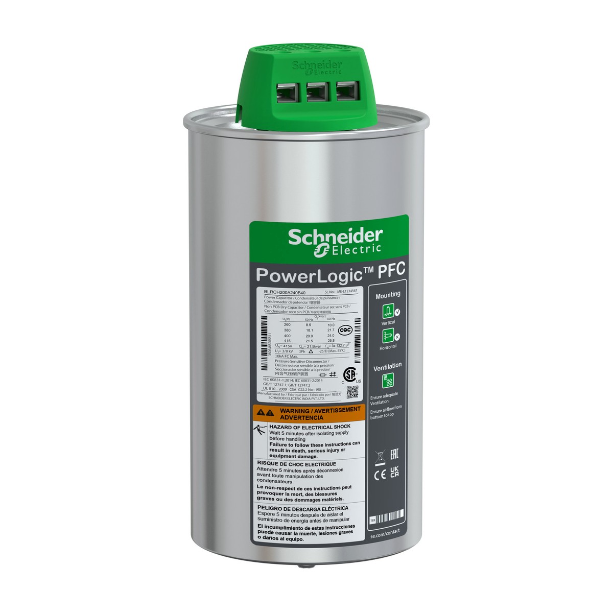Schneider Electric BLRCH200A240B40 — PFC Capacitor, 20/24 kvar, 400 V, 50/60Hz