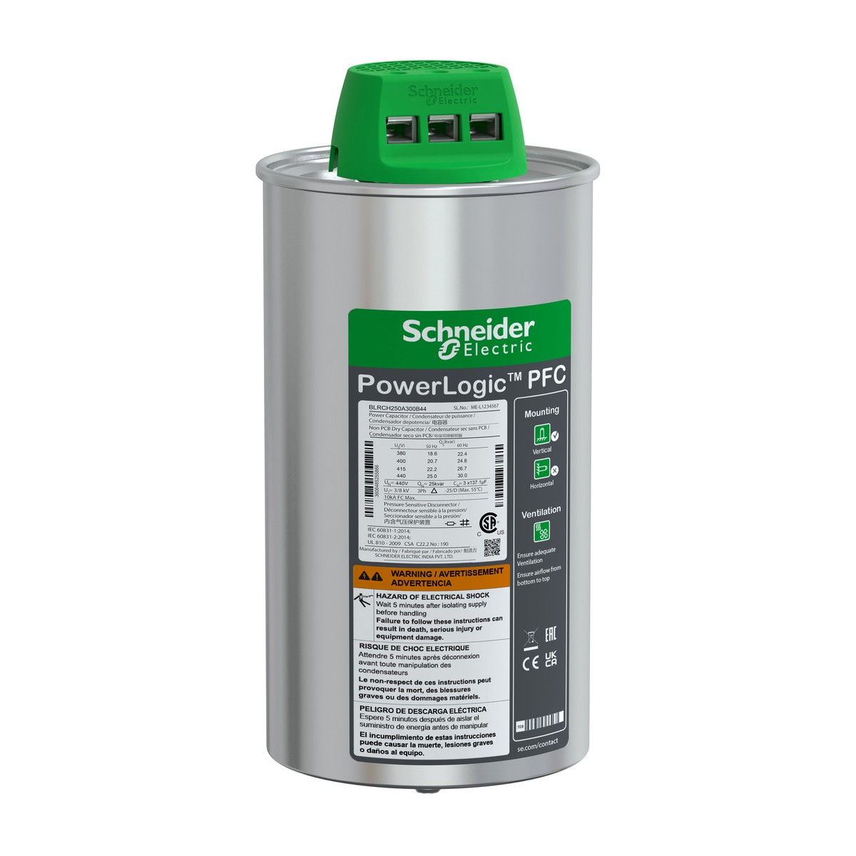 Schneider Electric BLRCH250A300B44 — Heavy Duty PFC Capacitor 25/30 kvar - 440 V - 50/60Hz