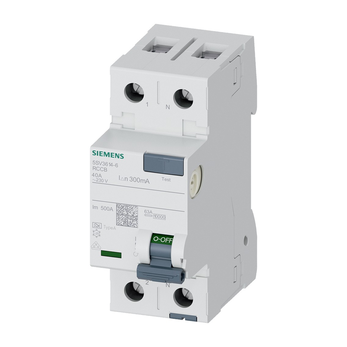 Siemens 5SV3614-6 — SENTRON 5SV RCCB/RCD, Type A, 2-pole, 40A, 300mA